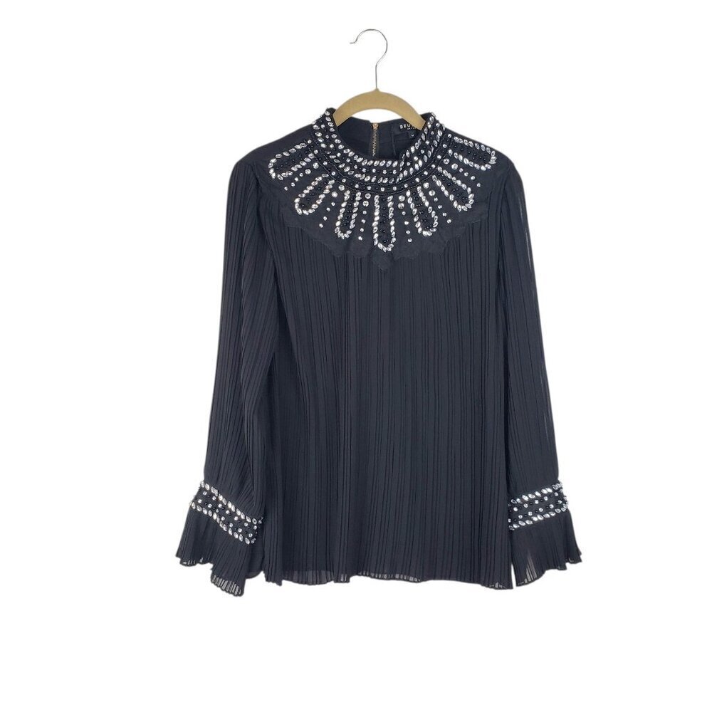 Beulah Style Beaded Blouse Black Pleated Mock Neck Sheer Sleeve Size Medium